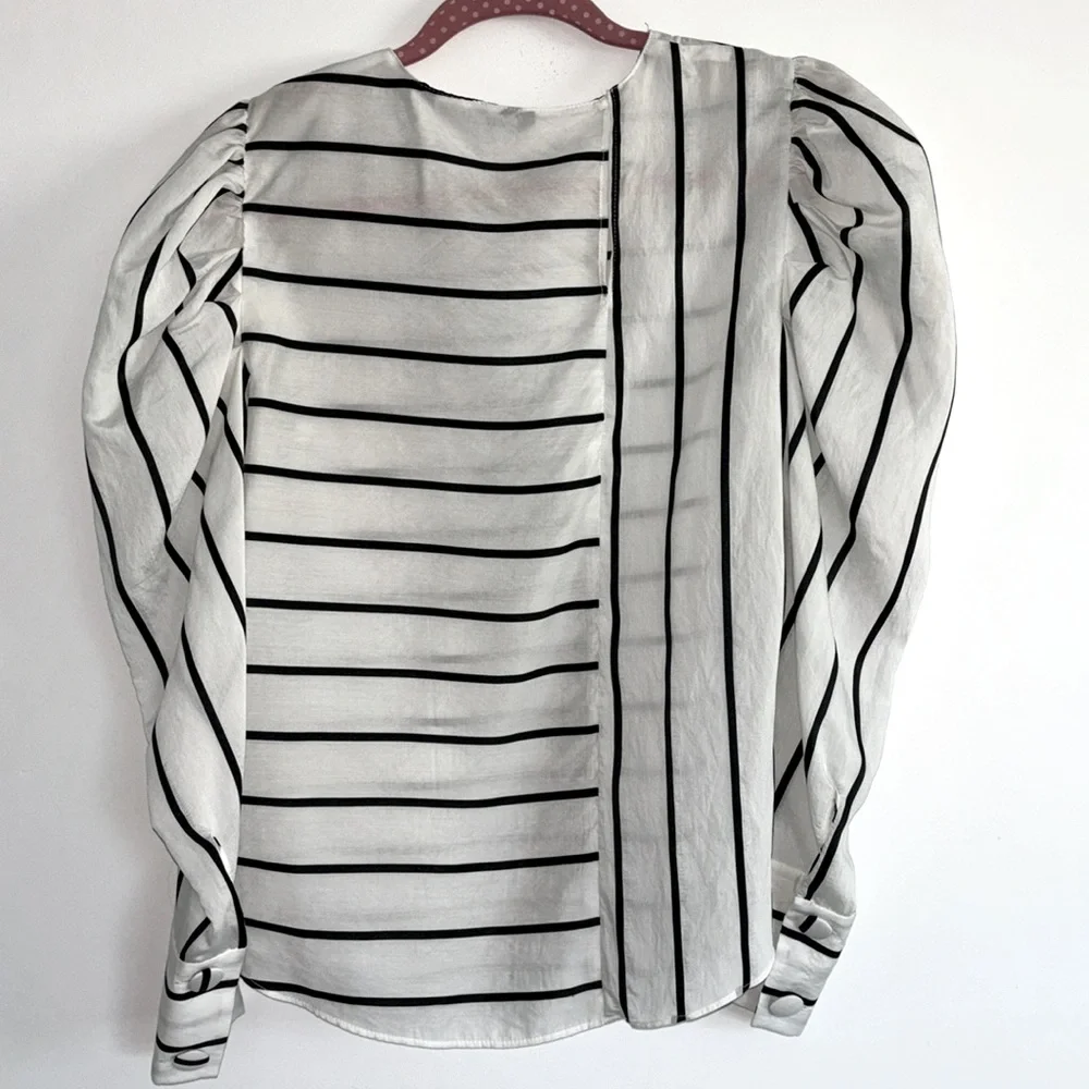 Zara white w/ black stripe long sleeve puff shoulder blouse, size M